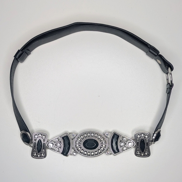 Chico's Statement Leather Black Silver Belt Adjustable Size M/L - Picture 1 of 3